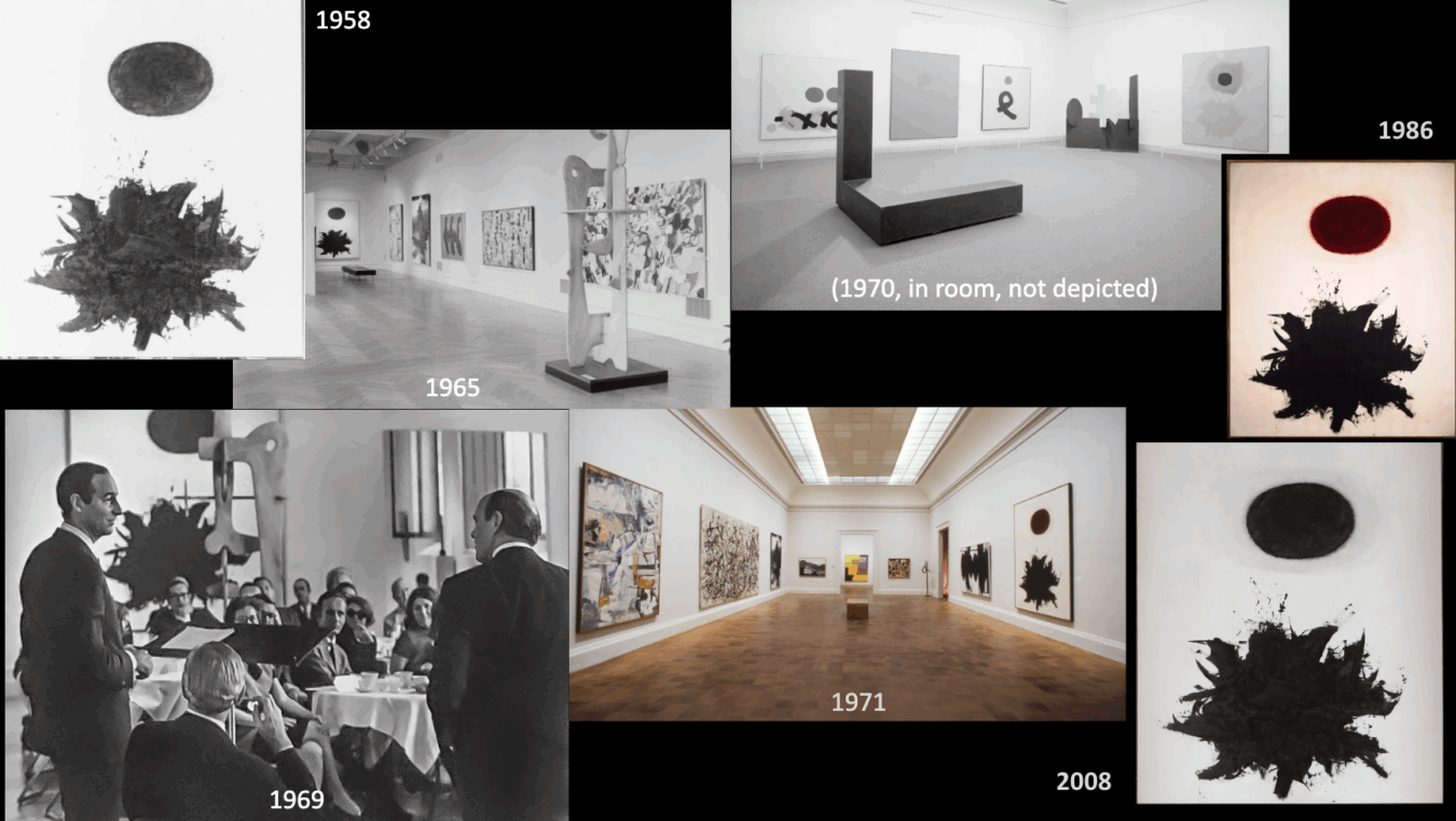 A collage of black-and-white and color photographs documenting art exhibitions from 1958 to 2008, showing various gallery installations and audiences.